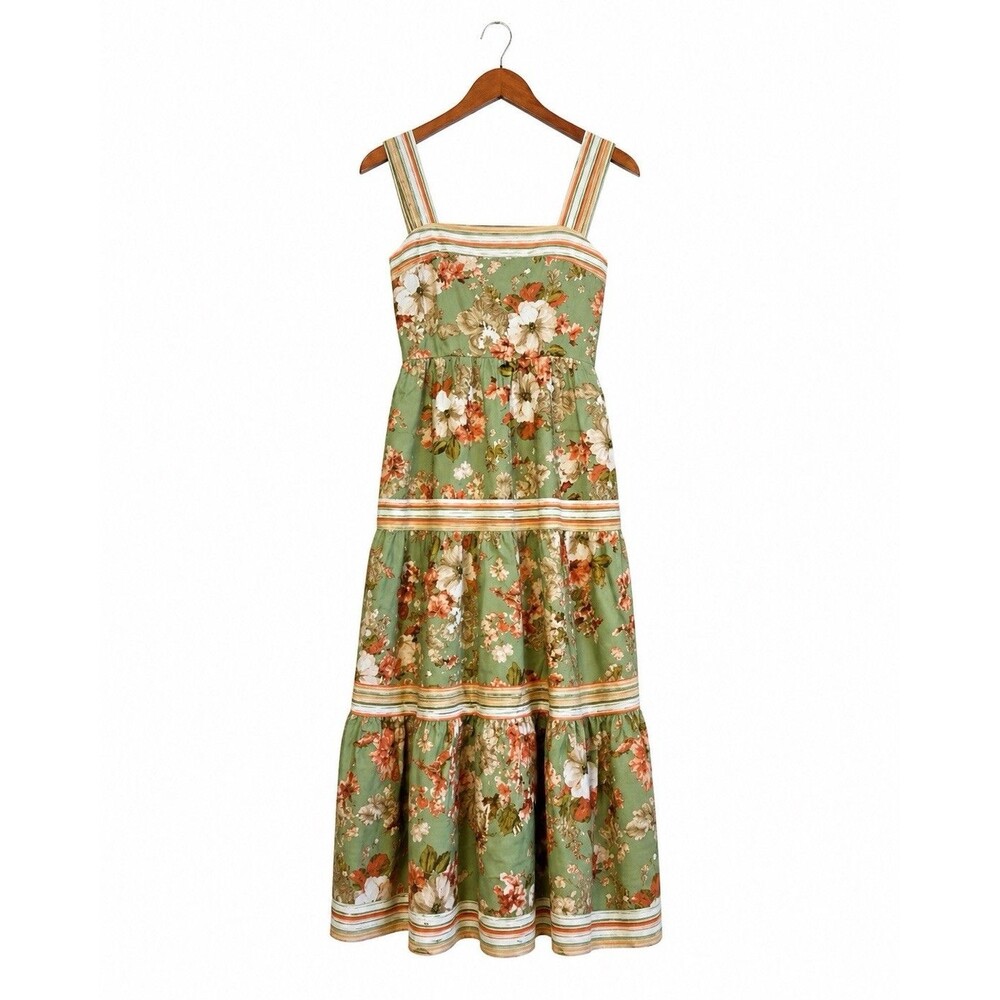 August Sky Floral Midi Dress Women’s Large Green Tiered Boho Cottagecore